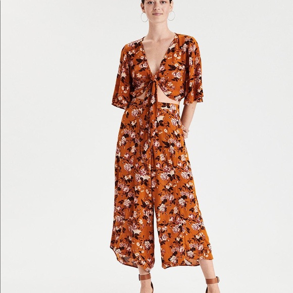 AE Boho Orange Floral Tie Front Crop Top Size L - Picture 3 of 13